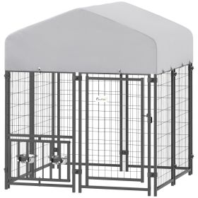 Welded Wire Outdoor Dog Kennel with 360Â° Rotating & 4 Levels Adjustable Bowls, Waterproof Cover, 3.9' x 3.9' x 4.5'