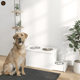 Elevated Dog Bowls With Slow Feeder Mat, Storage Cabinet, 3 Stainless Steel Bowls For Large & Extra Large Dogs, White (Option: White)